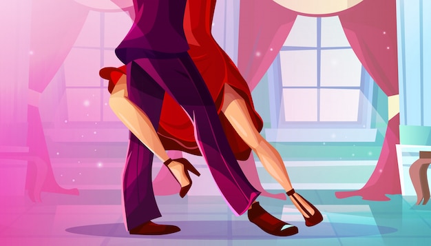 Vecteur gratuit tango dans la salle de bal illustration d'homme et femme en robe rouge danse danse latino-américaine