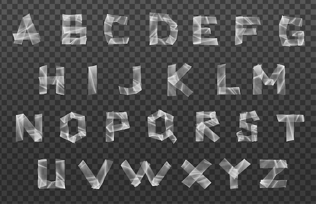 Vecteur gratuit tape adhéseuse en plastique un ensemble d'alphabets réalistes de lettres isolées constituées d'une bande d'étanchéité semi-transparente illustration vectorielle