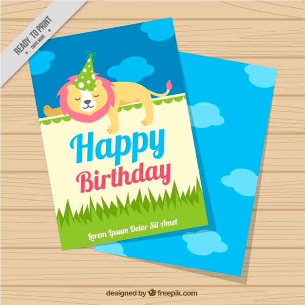 Vecteur gratuit tarjeta de cumpleaños con un león dibujado