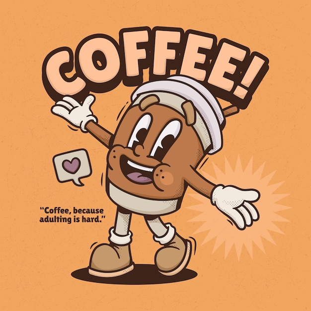 Tasse Café Vecteur Dessin Animé Rétro Tendance Mignon Dessinés Main