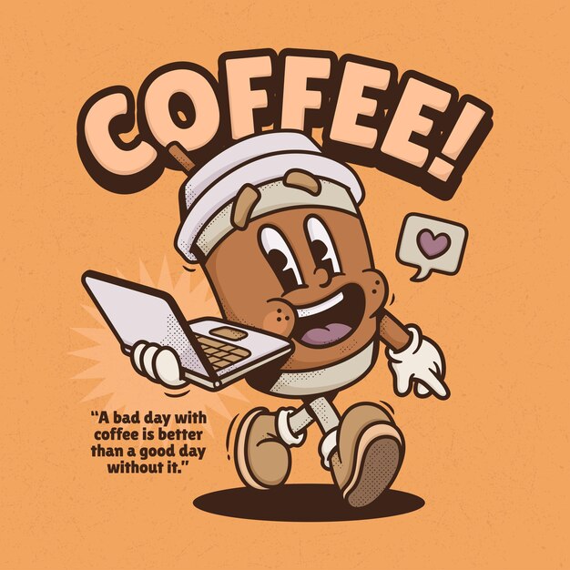 Tasse Café Vecteur Dessin Animé Rétro Tendance Mignon Dessinés Main
