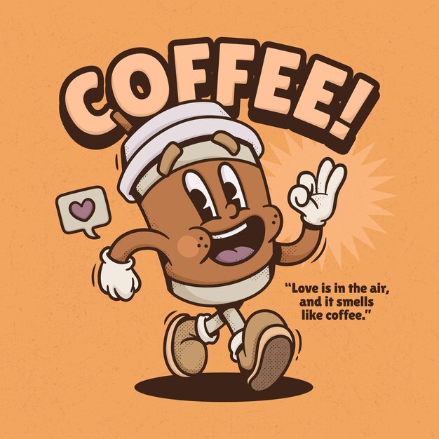 Tasse Café Vecteur Dessin Animé Rétro Tendance Mignon Dessinés Main
