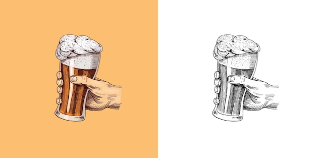 Tasse en verre à bière ou bouteille d'oktoberfest gravée à l'encre dessinée à la main dans un vieux croquis et un style vintage