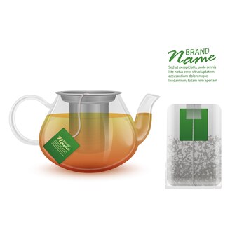 Tasse en verre avec soucoupe avec thé noir et sachet de thé à l'intérieur isolé sur fond blanc thé noir chaud