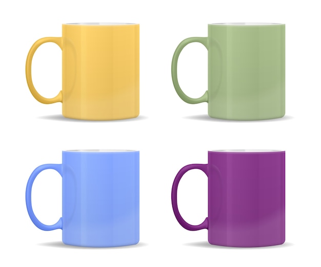 tasses de différentes couleurs: jaune, vert, bleu, violet