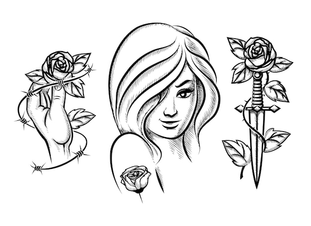 Vecteur gratuit tatouages. fille de beauté, couteau, rose et fil de fer barbelé. mode noire féminine. illustration vectorielle