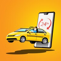 Taxi de livraison en ligne de partage de voiture avec personnage de dessin animé et smartphone concept de transport de ville intelligente, illustration
