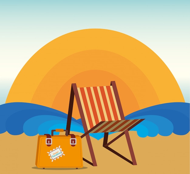 Été et vacances, chaise longue et valise sur la plage