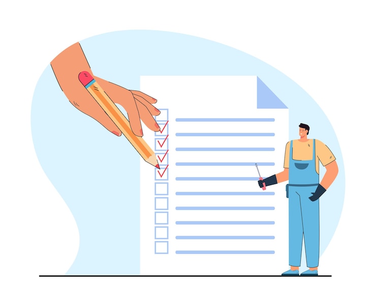 Vecteur gratuit technicien ou réparateur minuscule et main énorme avec la liste de contrôle