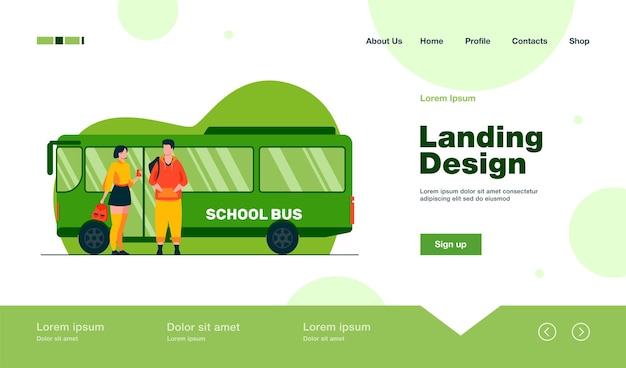 Vecteur gratuit teen couple standing at school bus landing page dans un style plat