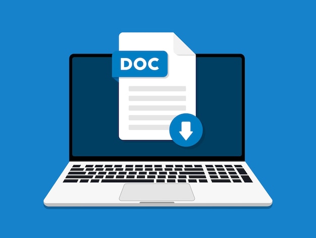 Téléchargement du document doc dans l'icône de l'ordinateur. icône de vecteur.