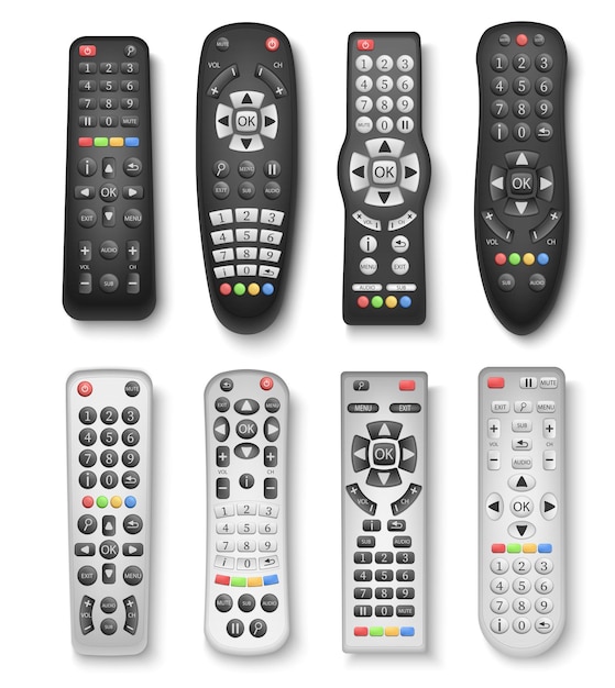 Vecteur gratuit télécommandes tv noir et argent de différents modèles ensemble réaliste illustration vectorielle isolée