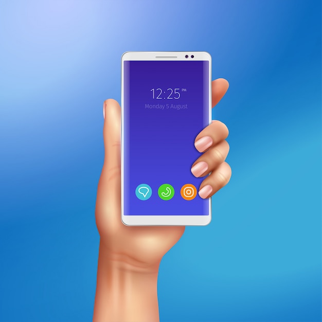 Téléphone intelligent blanc à main féminin sur fond bleu dégradé illustration réaliste