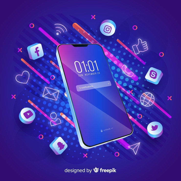 Vecteur gratuit téléphone mobile à thème sombre entouré d'applications