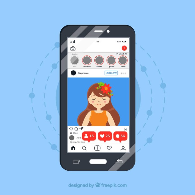 Téléphone portable avec modèle de poste instagram et notifications
