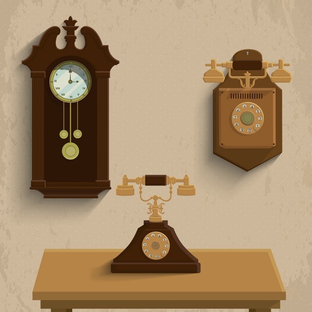 Vecteur gratuit téléphones rétro et horloge vecteur illustration