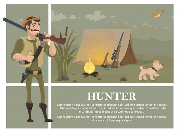 Vecteur gratuit télévision concept coloré de chasse avec un chasseur souriant tenant un fusil de chasse chien hache fusil de sniper près de tente canard volant roseaux feu de joie