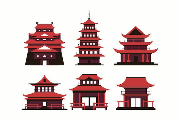 Temples Japonais Au Design Plat