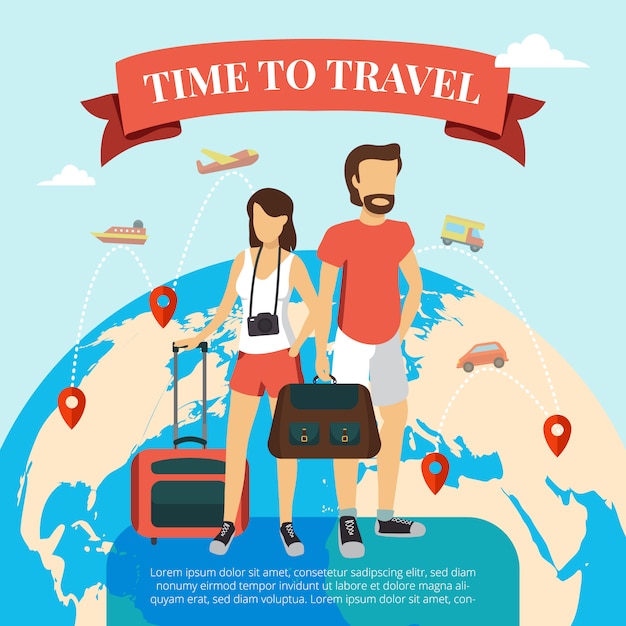 Temps De Voyager Affiche Plat Avec Couple De Touristes Debout Avec Bagages Et Globe Terrestre Vecteur gratuit