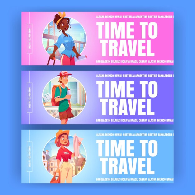 Temps de voyager bande dessinée bannières touristes avec carte