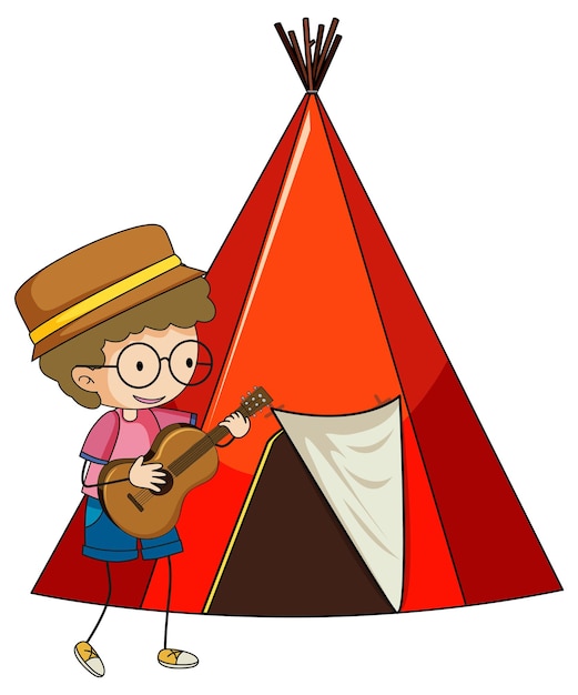 Tente de camping avec personnage de dessin animé pour enfants doodle isolé