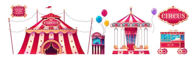 Vecteur gratuit tente de cirque, carrousel, billetterie, chariot de maïs soufflé