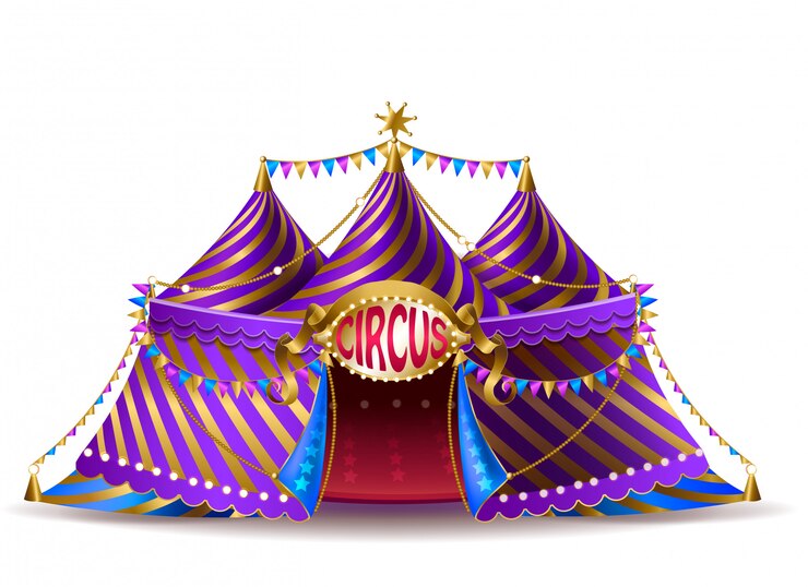 Vecteur gratuit tente de cirque rayé réaliste 3d avec des drapeaux et un panneau lumineux pour les représentations