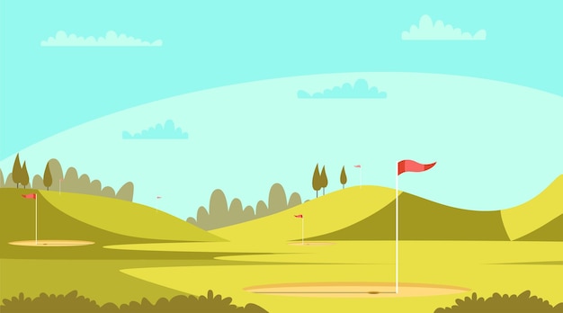 Vecteur gratuit terrain de club de golf parc verdoyant avec trous de drapeaux paysage d'arbres et de collines