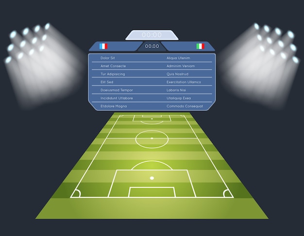 Vecteur gratuit terrain de football avec tableau de bord. stade de jeu de football de sport d'éclairage.