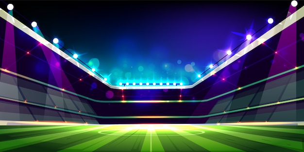 Vecteur gratuit terrain de football vide illuminé avec dessin animé de lumières de projecteurs