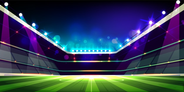 Terrain de football vide illuminé avec dessin animé de lumières de projecteurs