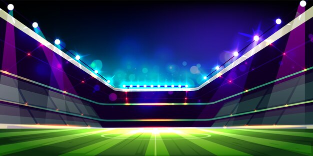 Terrain de football vide illuminé avec dessin animé de lumières de projecteurs