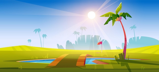 Vecteur gratuit terrain de golf avec herbe verte, étang avec pont et palmiers. paysage tropical de dessin animé de vecteur de terrain de sport avec trou pour balle de golf, poteau avec drapeau rouge et lac