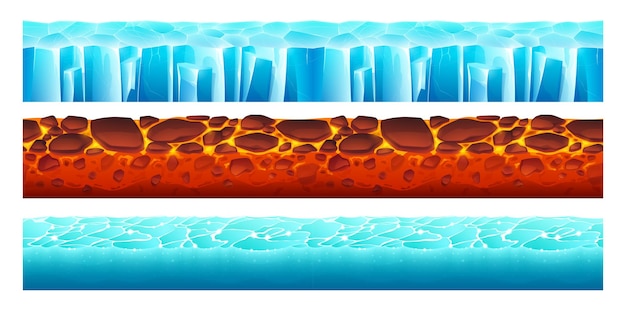 Terrains de jeu avec texture de glace, d'eau et de lave