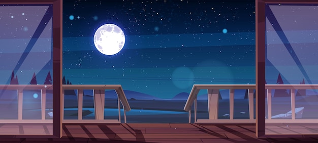 Vecteur gratuit terrasse en bois et vue sur l'étang la nuit