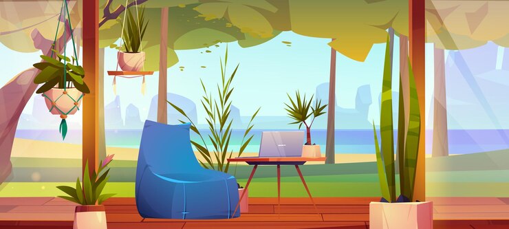 Vecteur gratuit terrasse en bois avec vue sur la mer patio de la maison de la villa