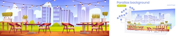 Terrasse du restaurant avec tables en bois, chaises, pelouse verte et vue sur la ville. Fond de parallaxe de vecteur pour l'animation 2d avec illustration de dessin animé de terrasse de café vide avec des boissons sur la table et les plantes