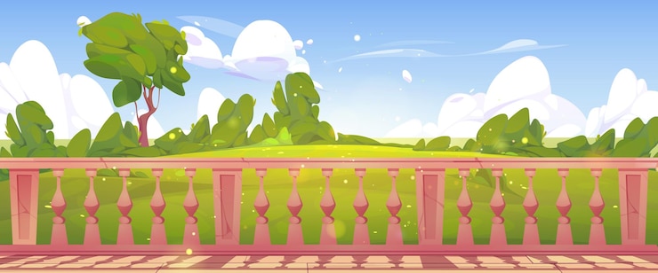 Vecteur gratuit terrasse de maison avec balustre en marbre et paysage