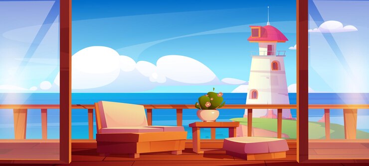 Vecteur gratuit terrasse de maison en bois sur la côte de la mer avec phare