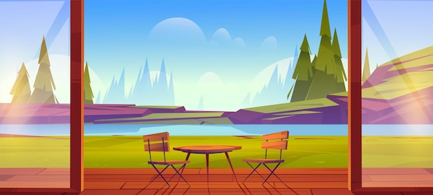 La Terrasse De La Maison Avec Vue Sur Le Lac De Montagne, La Table Et Les Chaises En Bois Se Tiennent Sur Un Sol En Bois Dans Un Paysage Naturel Avec Des épicéas Et Des Rochers. Resort, Zone Hôtelière Pour Se Détendre Et Se Divertir, Illustration Vectorielle De Dessin Animé