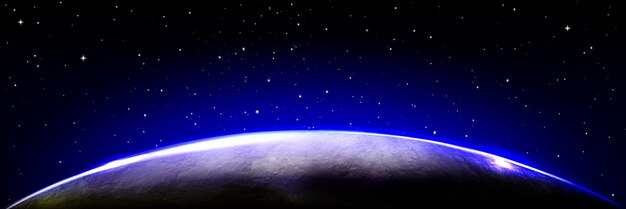 La terre ou un autre bord de la planète à la lumière du lever du soleil