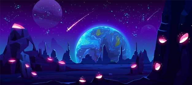 Terre vue de nuit depuis une planète extraterrestre, espace néon