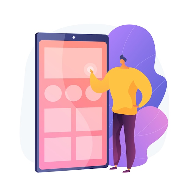 Test D'application. Concepteur Ux, Interface Smartphone, électronique Portable. Personnage De Dessin Animé Masculin Organisant Des Applications Sur L'écran Du Téléphone Mobile.