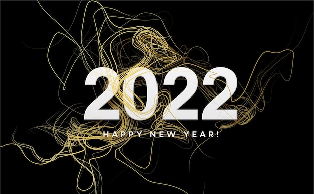 En-tête de calendrier 2022 avec des vagues dorées tourbillonnant avec des étincelles dorées sur fond noir. Bonne année 2022 fond de vagues dorées.