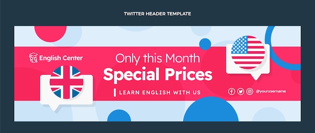 Vecteur gratuit en-tête twitter cours d'anglais plat