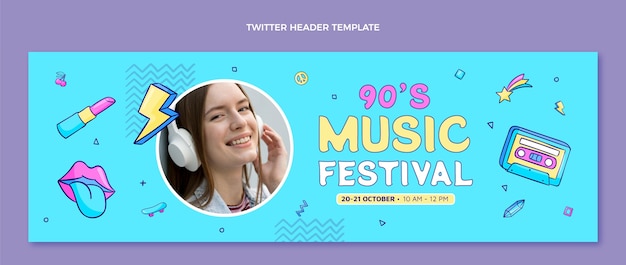 En-tête twitter du festival de musique des années 90 dessiné à la main