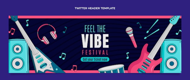 En-tête twitter du festival de musique coloré dessiné à la main