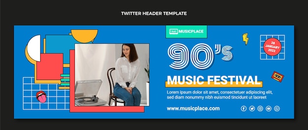 Vecteur gratuit en-tête twitter du festival de musique nostalgique des années 90