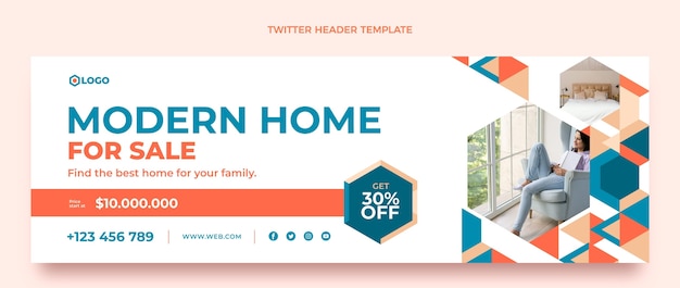 Vecteur gratuit en-tête de twitter immobilier géométrique design plat