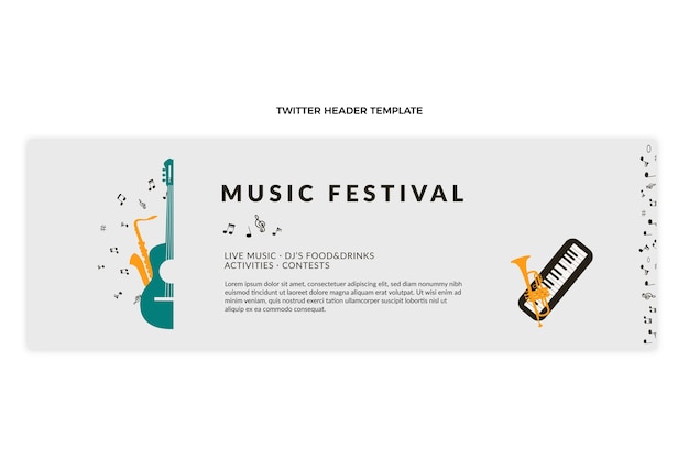 Vecteur gratuit en-tête twitter plat minimal du festival de musique